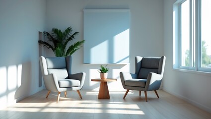 Fototapeta premium Stylish armchairs and table positioned near large windows with roller blinds indoors
