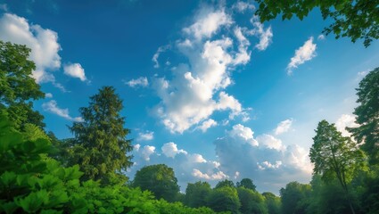 Obraz premium The natural scenery featuring vibrant green trees, a clear blue sky, and white clouds bathed in soft morning light evokes a warm atmosphere.