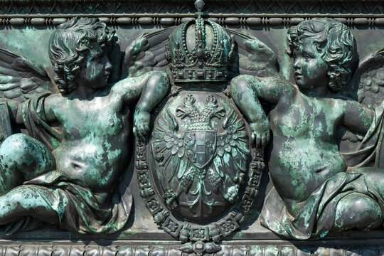 Vienna, Austria. Bronze detail of angels and royal crest
