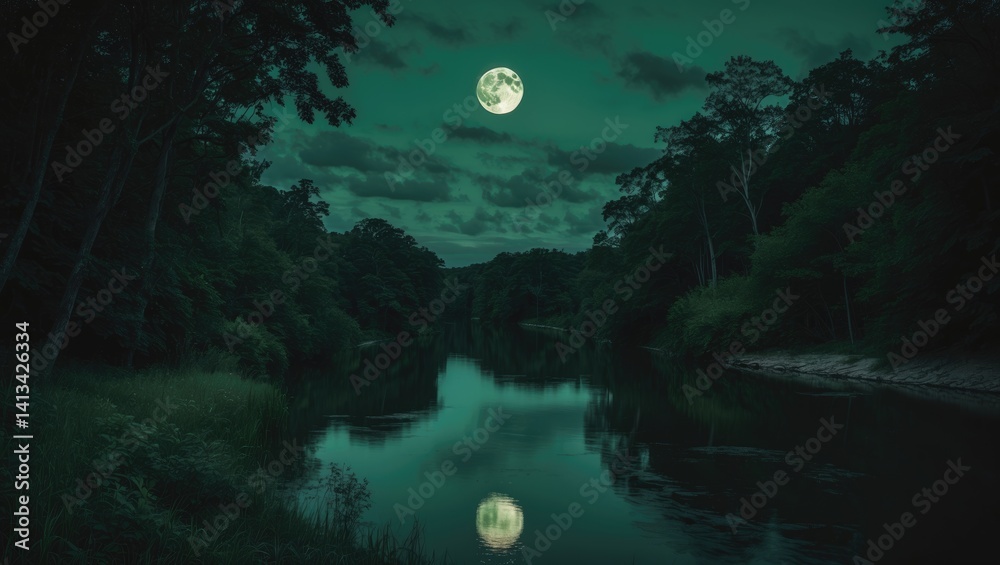 Poster scenery of a green sky adorned with clouds and a full moon over tranquil nature in the woods. serene