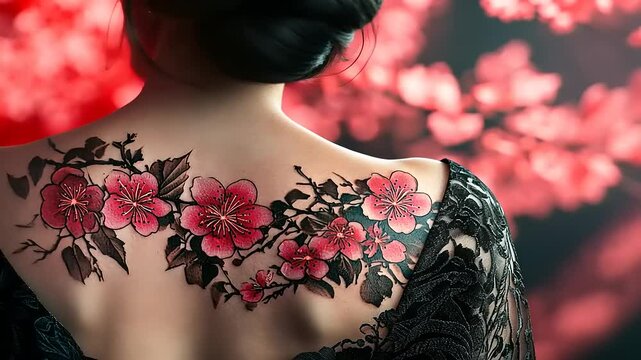 Elegant floral tattoo on a woman's back with a vibrant red blossom background