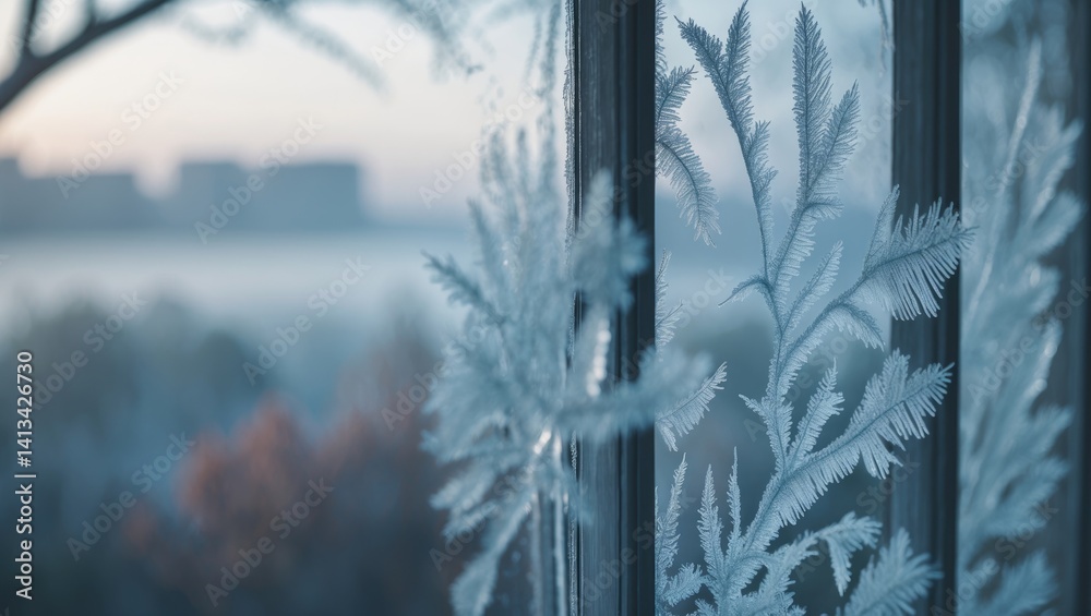 Poster Detailed ice patterns on a window, producing fragile crystals in a setting.