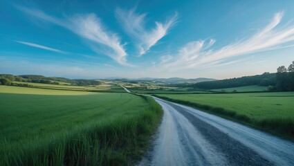 Fototapeta premium Countryside gravel road landscape with meadow. Side perspective of dirt road in the woods.