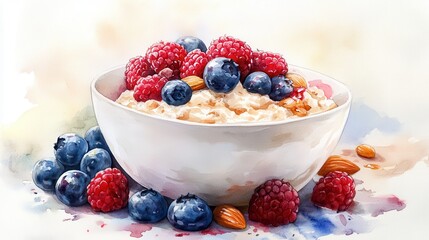Watercolor Clipart of Cozy Oatmeal Breakfast Bowl with Berries, Nuts, and Honey – Wholesome Morning Illustration