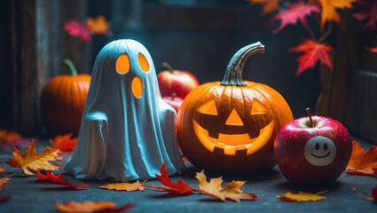 Vibrant Halloween decor showcases carved pumpkins and apples, with a whimsical ghost formed from a white vegetable nestled in autumn leaves, enhancing the festive spirit.