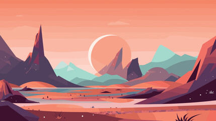Abstract mars landscape with mountains and river under orange sky at sunset flat vector illustration © Lion