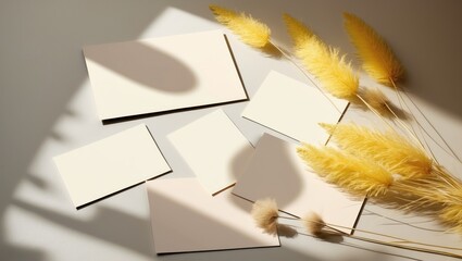 Bird's-eye view of a mood board design. Unused paper cards and decorative foliage on a dark background.