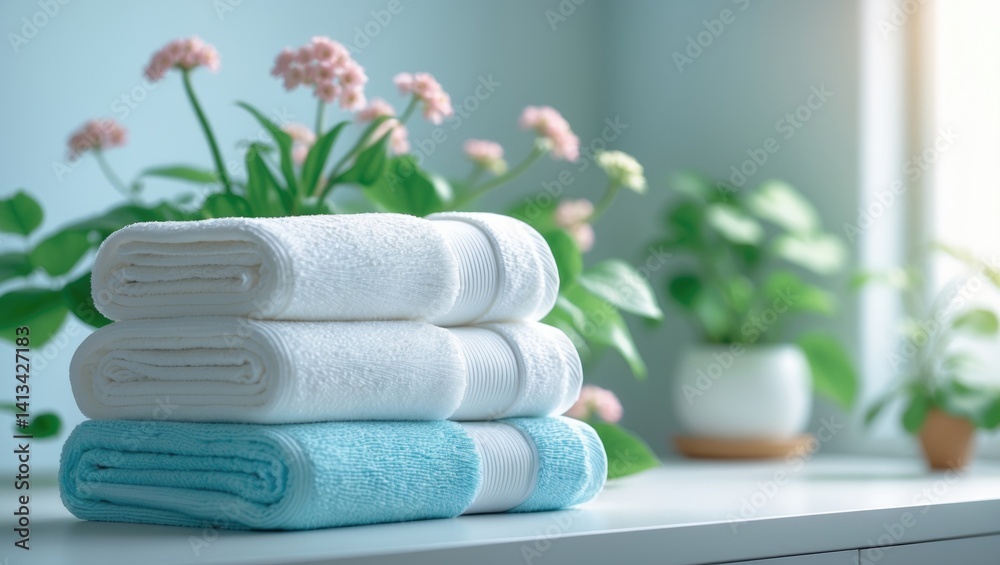 Poster table displaying a pile of towels and a houseplant with room for a caption