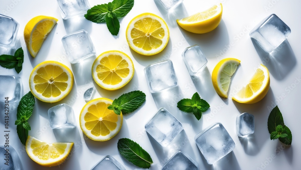 Poster top-down view of lemonade setup with lemon slices, mint leaves, and ice cubes
