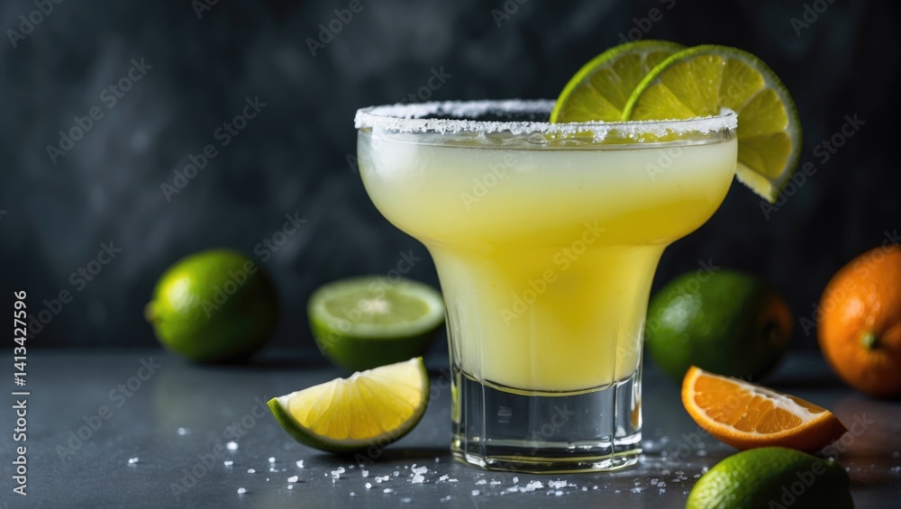 Poster lime lemon margarita from mexico on a grey surface with sliced limes and oranges against a black bac
