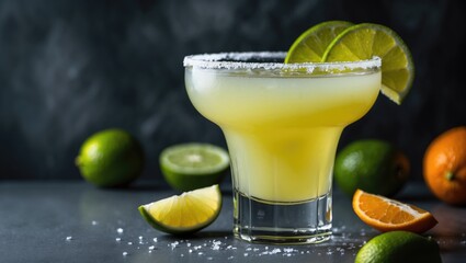 Lime Lemon Margarita from Mexico on a Grey Surface with Sliced Limes and Oranges Against a Black Background