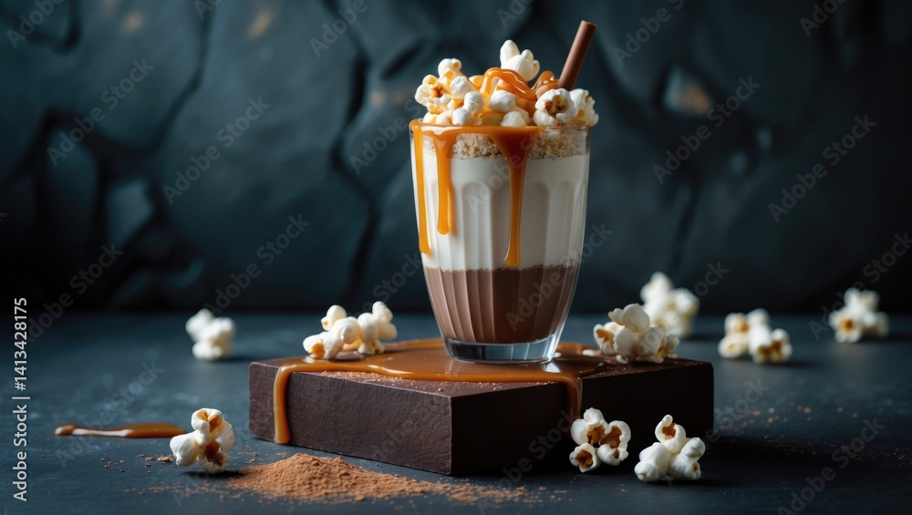 Poster caramel sauce milkshake garnished with popcorn and chocolate powder on a backdrop.