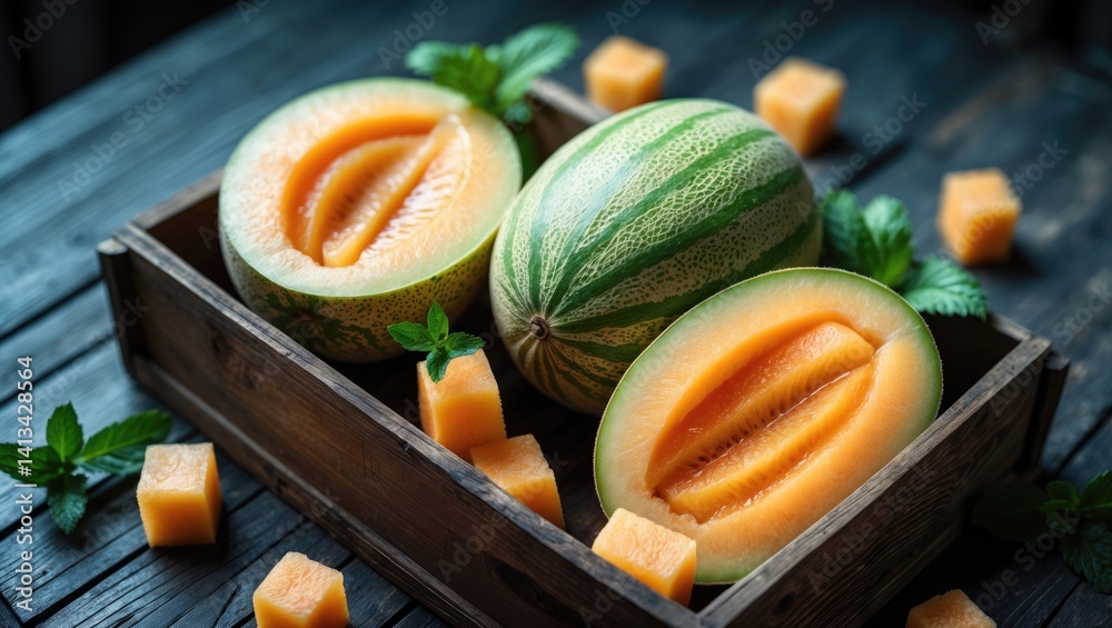 Poster Wooden box containing melon. Slices of melon displayed. Set against a background.