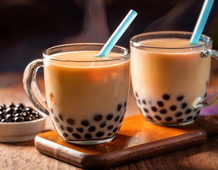 Steaming cups of Taiwanese Bubble Tea (boba milk tea) with tapioca pearls represent a globally popular and iconic beverage.