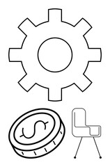 Gear symbolizing productivity, coin with dollar sign for finance, and modern office chair. Ideal for workplace, productivity, finance, technology, teamwork, growth simple landing page