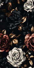 Chiaroscuro Roses with Gold and Black Engraving Seamless Pattern
