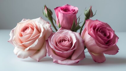 Fototapeta premium Three isolated pink roses on a white background