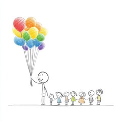 A stick figure leads children holding hands, offering them vibrant, colorful balloons in a joyful display.