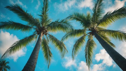 Gazing at the blue sky during the day with tree tops in the front.