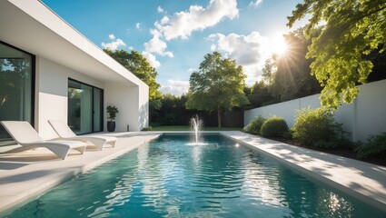 Sumptuous poolside near the entrance of the home, bright sunlight bathing the area, rich green trees in the garden, sky adorned with white clouds.