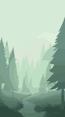 Fototapeta premium Serene mountain landscape with evergreen trees in misty forest flat vector illustration