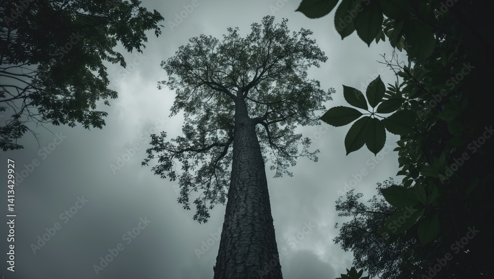 Leinwandbilder gazing up from the ground at a towering tree with textured bark and leafy branches beneath a cloudy 