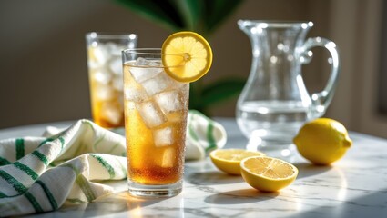 Fototapeta premium white marble tabletop featuring iced teas with lemon garnish