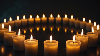 Inside view of lit candles placed in a candle holder, background.