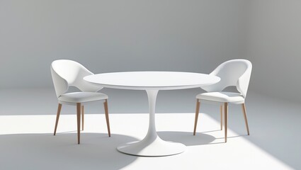 Fototapeta premium Two chairs and a white round table set against a white backdrop