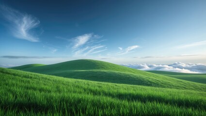 Obraz premium Panoramic perspective of grassy slope beneath a sky filled with clouds.
