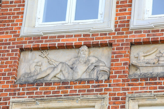 Copenhagen, Denmark. Marble relief, statue of Neptune and Poseidon.
