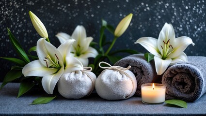 Beautiful flowers, clean towels, and massage herbal bags on a dark surface
