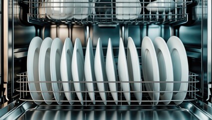 In the dishwasher net, white plates are kept in a clean condition