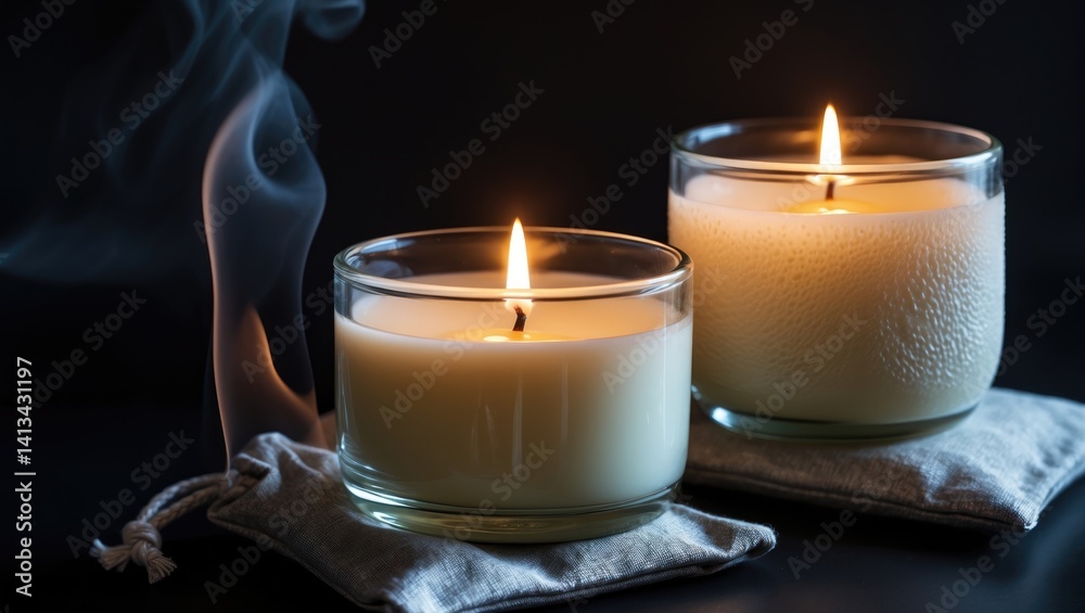 Poster three lit scented wax candles arranged on a black background for aromatherapy, creating an atmospher