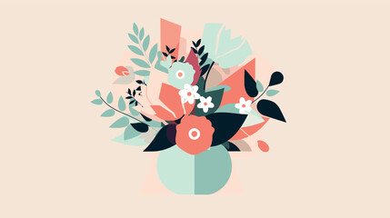 Minimalistic floral abstract art with leaves and flowers in pastel colors flat vector illustration