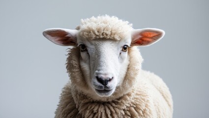 Cute and frank lamb and white sheep, headshot in front view against a white backdrop