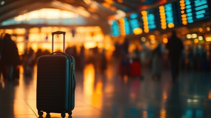 Focus on a sleek suitcase in an airy airport with a blurred background of passengers and flight boards : Generative AI.
