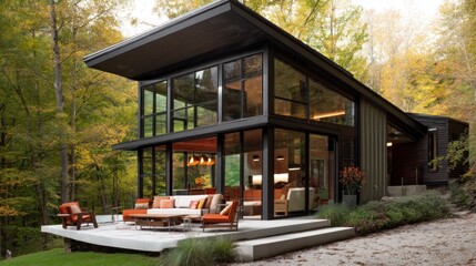 Swiss Modern cabin with clean lines, large glass expanses, and a neutral palette accented by pops of burnt orange. 
