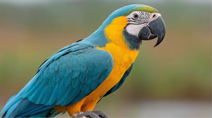 Fototapeta premium Blue and yellow parrot is perched on a branch. The bird is looking directly at the camera