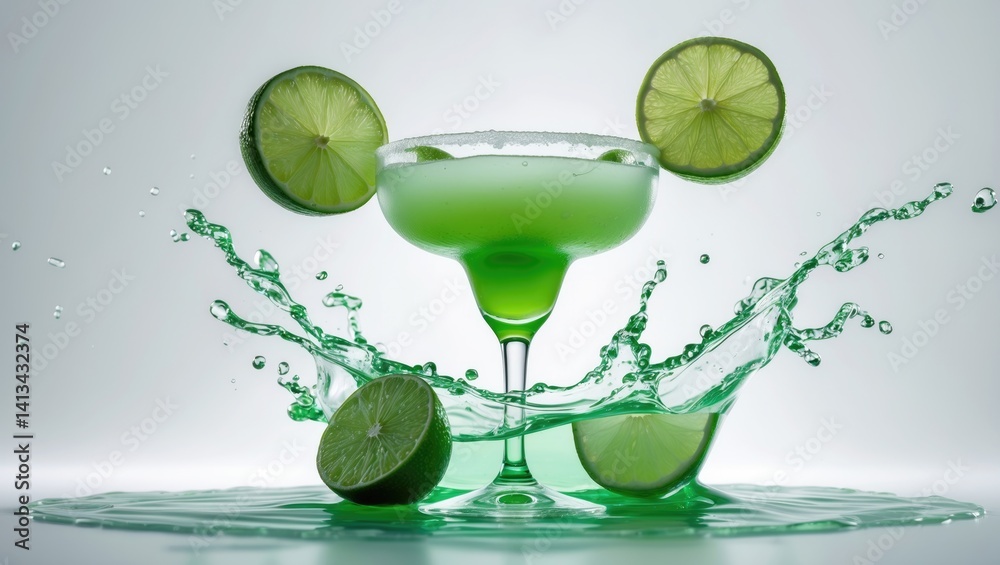 Poster Isolated white background with lime falling into a cocktail and splashing