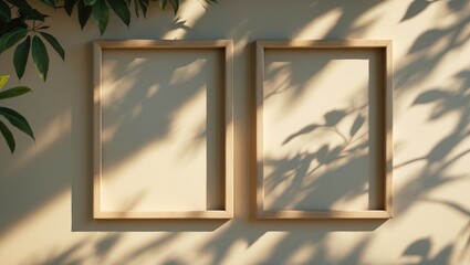 Close-up of a wooden square poster frame mockup on the wall with leaf shadows