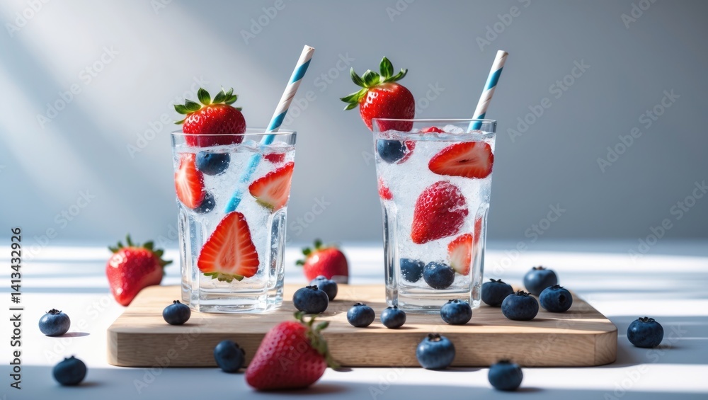 Poster glass of mineral-infused mocktail with strawberries and blueberries on wooden surface with paper str