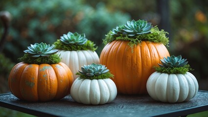 Outdoor table showcases mini pumpkin succulent creations.