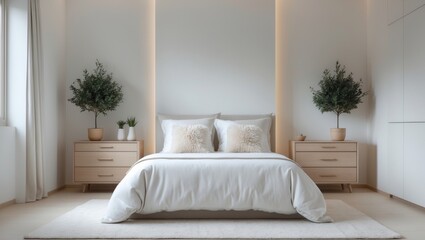 Chic bedroom interior featuring a comfortable bed, dresser, and a tree on the nightstand