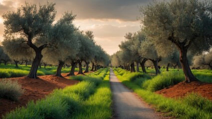 Scenic perspective of an olive tree orchard under a cloudy sky. Captured with selective focus. Emphasis on the foreground.