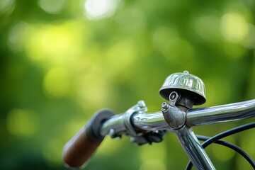 Close up of a bicycle handlebar with a silver bell against a blurred green background outdoors shot today
