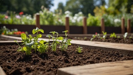 Close-up de plantas vegetais jovens florescendo em um canteiro elevado sob o sol.