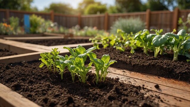 Close-up de um canteiro florido repleto de plantas vegetais jovens e vibrantes.