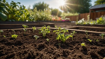 Canteiro de jardim iluminado pelo sol com mudas jovens prosperando em solo f&eacute;rtil e sol quente.