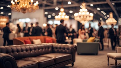 Exhibition of Blurred Furniture: Abstract Bokeh Background of a Modern Showroom Featuring Multicolored Sofas, Chairs, and Chandeliers with Customers Shopping in a Vintage Tone.